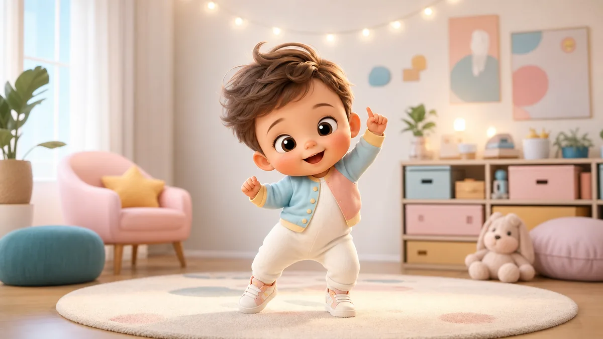 A stylized baby doing a gentle boogie dance in a bright nursery