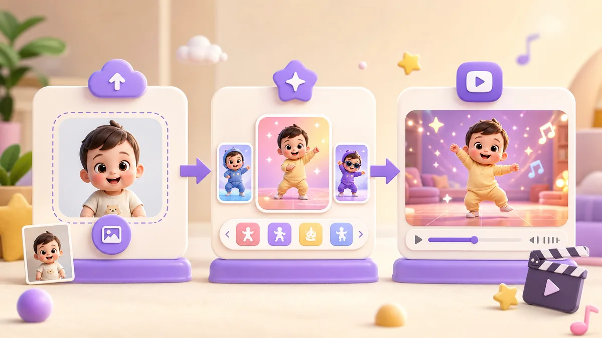 A three-step baby boogie AI workflow from photo upload to dance video result